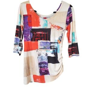 Aventures des Toiles Abstract Art Print Ruched Side Top Multi-Color French 36 S